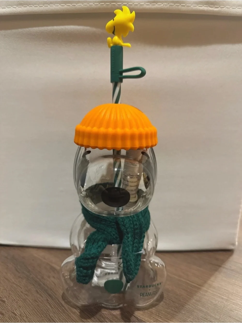 Starbucks Clear Glass Snowman Ornament with Orange Hat & Green Scarf